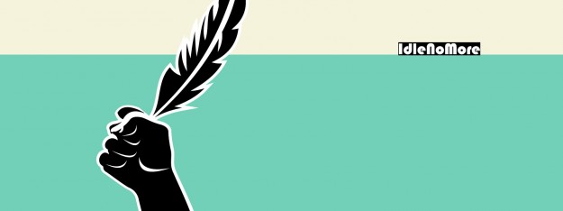 Idle No More Graphic of a person holding a feather with the words "Idle No More"