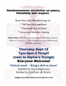 Haudenosaunee Worldview on Peace, Friendship and Respect Potluck @ Firepit (next to Alphie’s Trough) Brock University, St. Catharines, ON