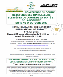Conférence du Comité de défense des travailleurs blessés et du Comité de la santé et de la sécurité @ Hôtel Holiday Inn de l’Aéroport international de Toronto | Toronto | Ontario | Canada