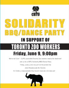 Annulés-Barbecue de solidarité et soirée de danse organisés par la CBTU pour soutenir les travailleurs du Zoo @ Zoo de Toronto | Toronto | Ontario | Canada