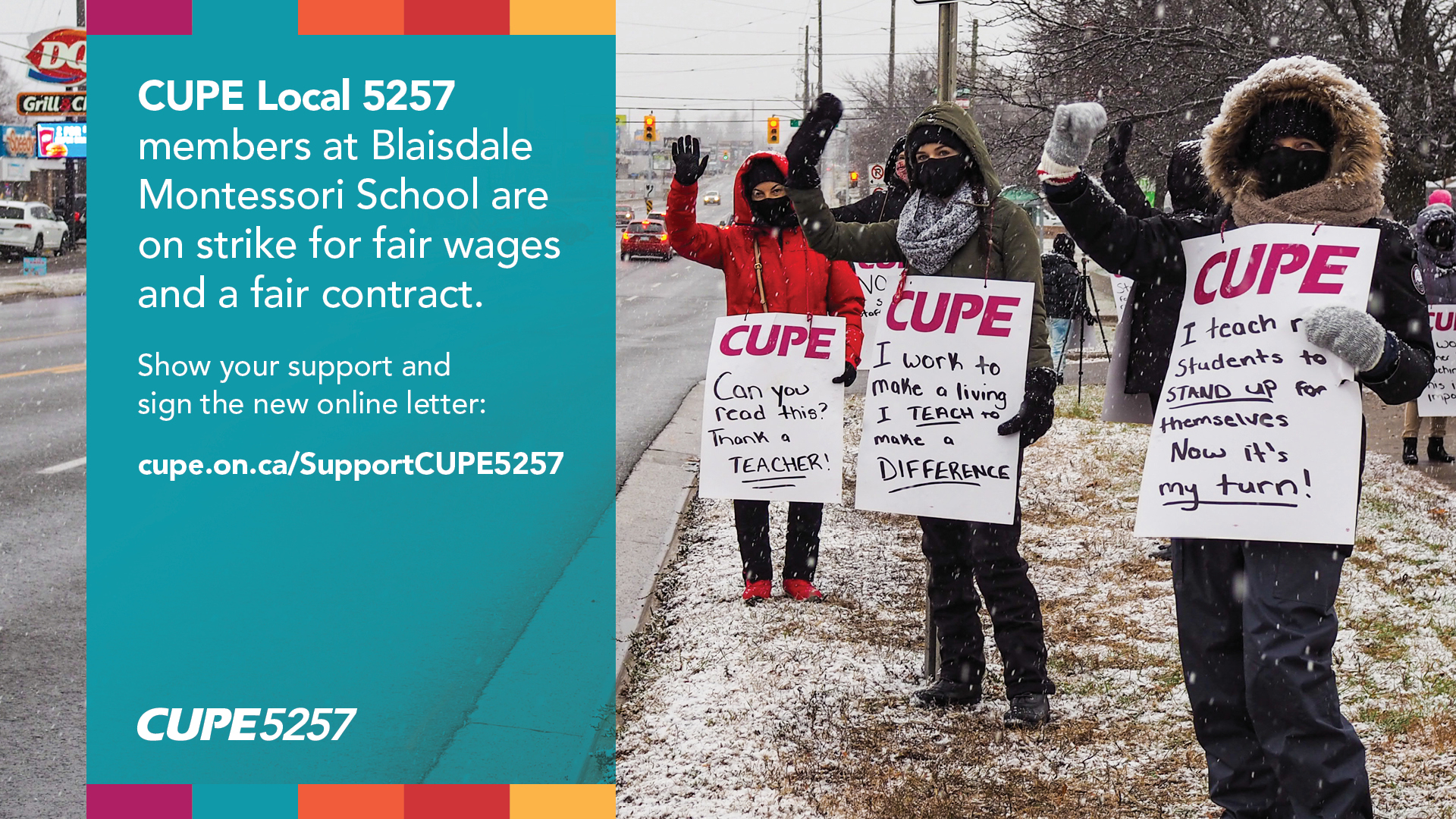 CUPE Local 5257 members at Blaisdale Montessori School are on strike for fair wages and a fair contract. Show your support and sign the new online letter: cupe.on.ca/SupportCUPE5257