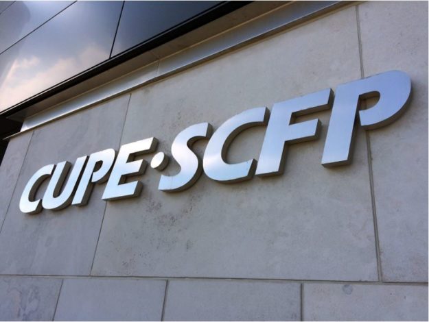 Image shows the "CUPE - SCFP" acronum on a grey building