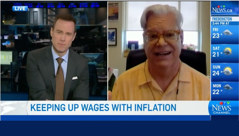 Image shows Fred Hahn, President of CUPE Ontario, on the right-hand side of a split screen view as he is interviewed on TV by a CTV News anchor, who is on the left-hand side of the split screen. Along the right-hand edge of the screen, we see forecasts for the next four days, and along the bottom of the screen, text reads "Keeping up wages with inflation."