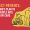 Image shows two people in wheelchairs facing away from the viewer, with two people standing beside and leaning in towards one of the wheelchairs, all as line drawings on a goldenrod background. The rest of the image has a red background and the text reads: "Protect patients: stop Ford's plan to force people into long-term care."