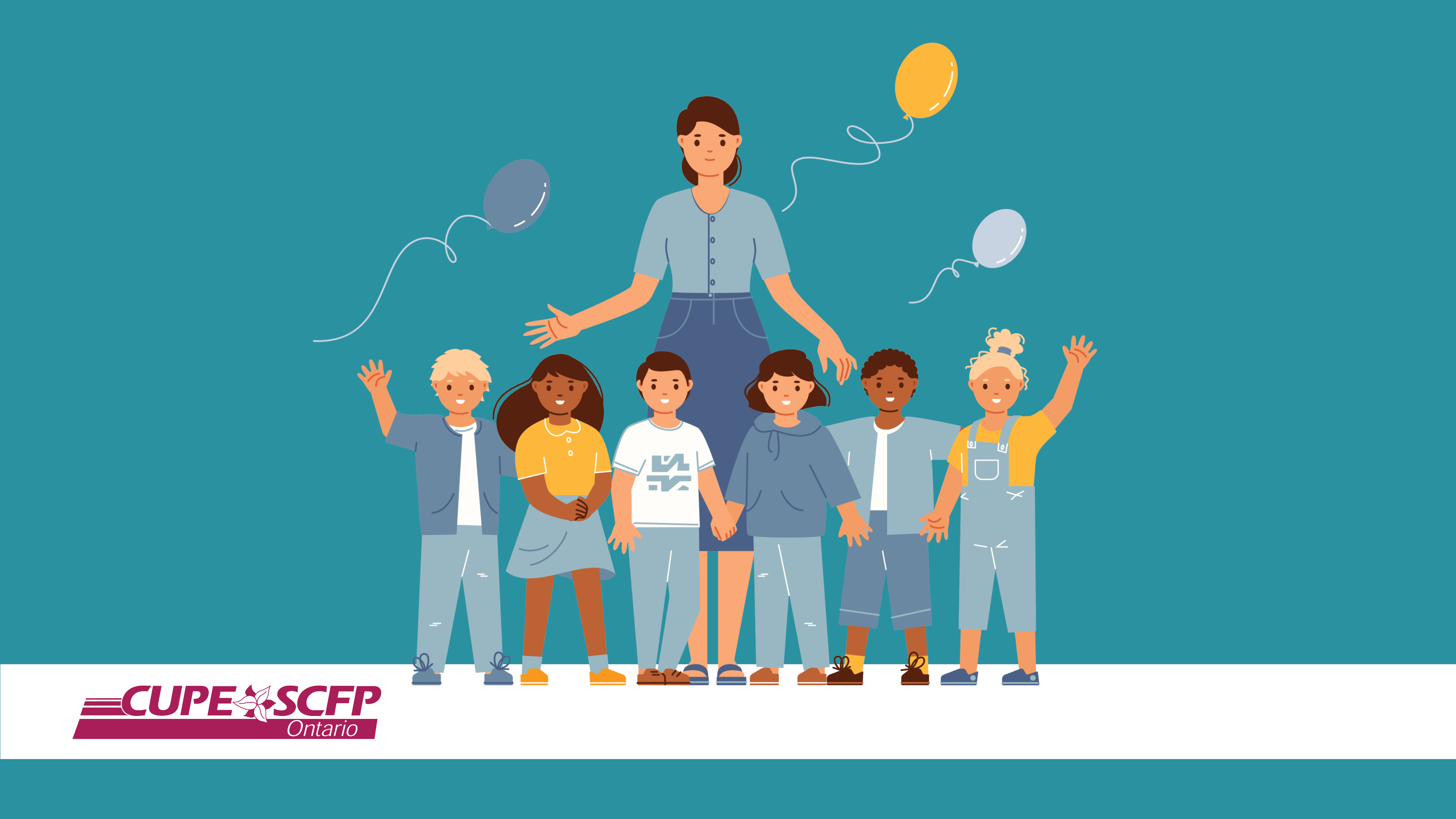 CUPE_1920x1080_Child Care Worker and Early Educator Appreciation Day_2022 child care worker with children cheering